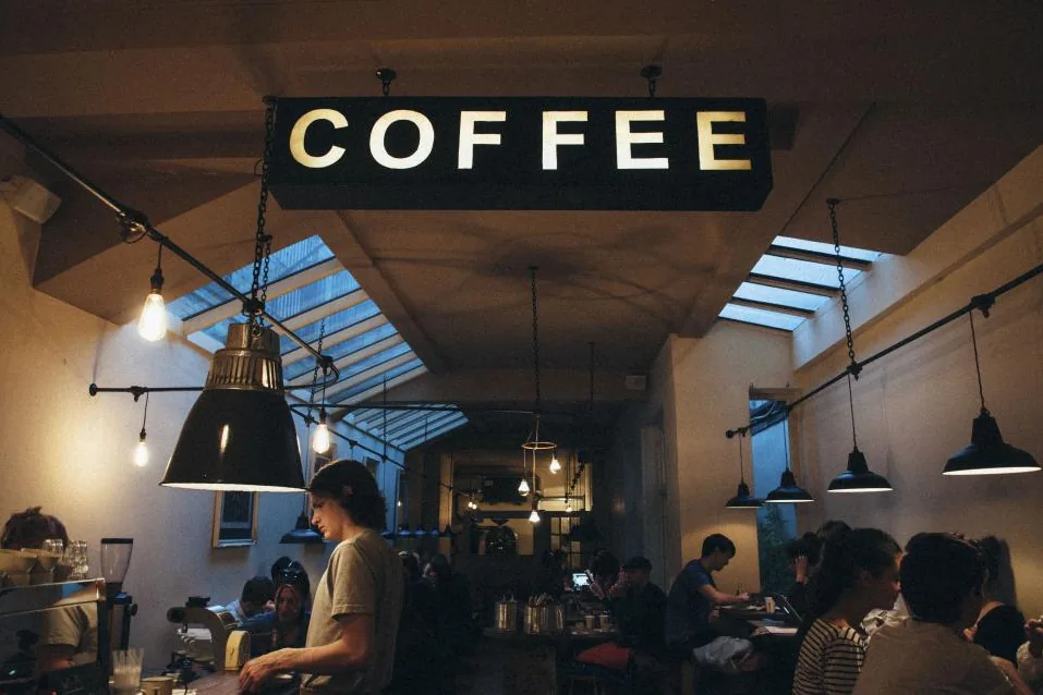Busy local coffee shop interior with customers