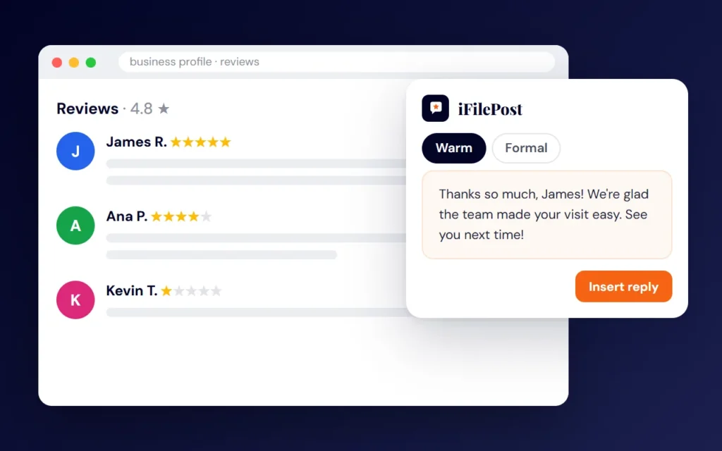 iFilePost com Review Reply Chrome Extension concept drafting a reply on a reviews page