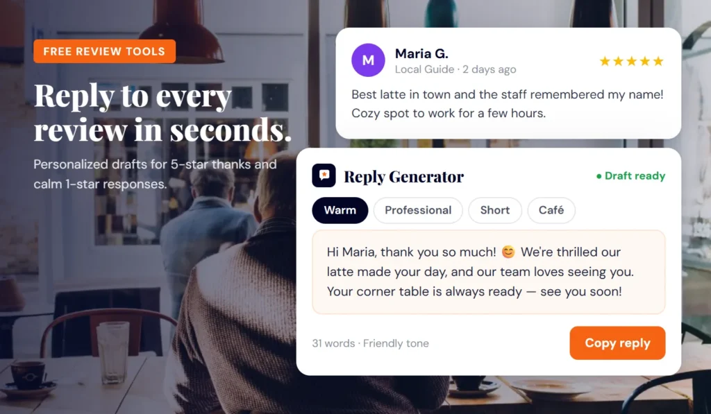 iFilePost com Google review reply generator drafting a personalized reply to a 5-star review